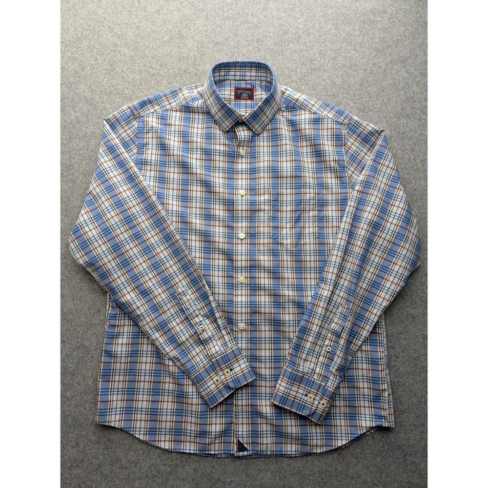 Untuckit Men's Shirt Large Blue Plaid Long Sleeve Wrinkle-free
